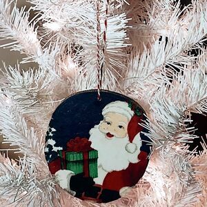 Hand Crafted Decoupage Wooden Christmas Ornament/Vintage Santa Claus w/Present